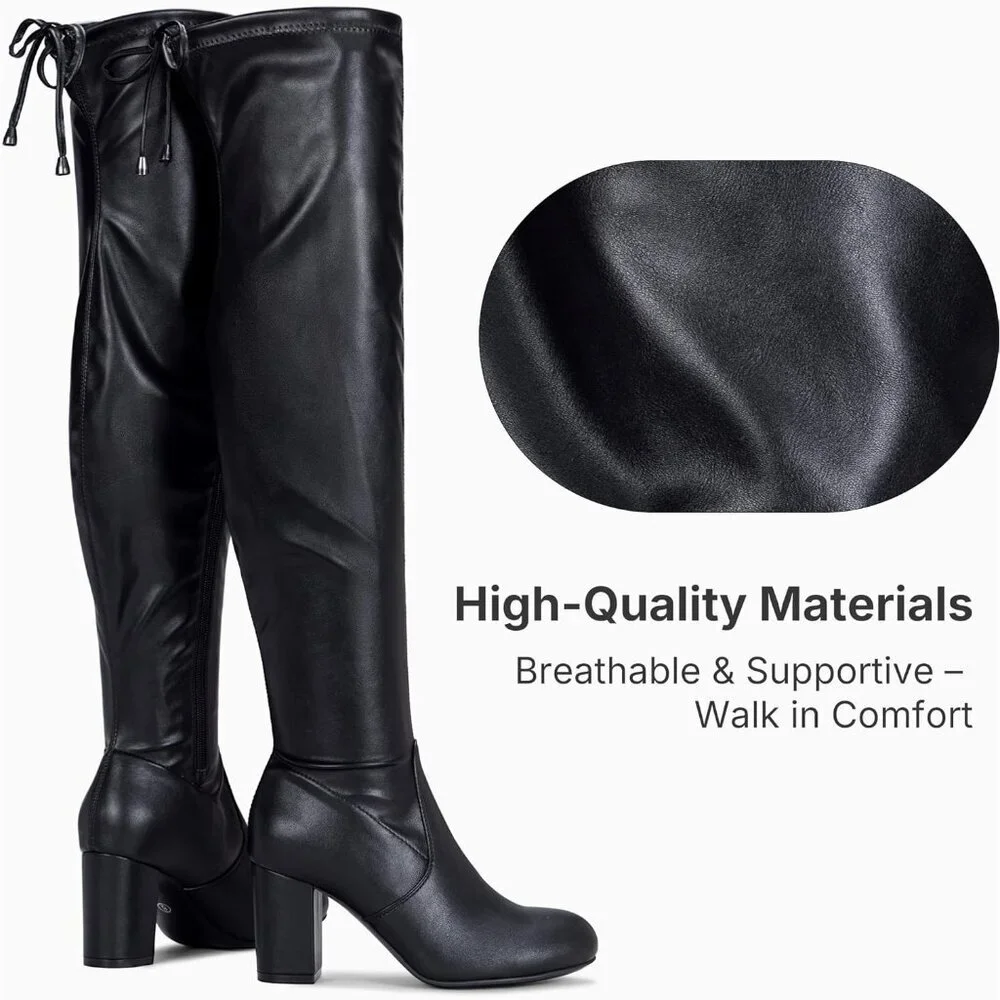 Women's Black Pu Suede Chunky Heels Zipper Over The Knee High Adjustable Boots